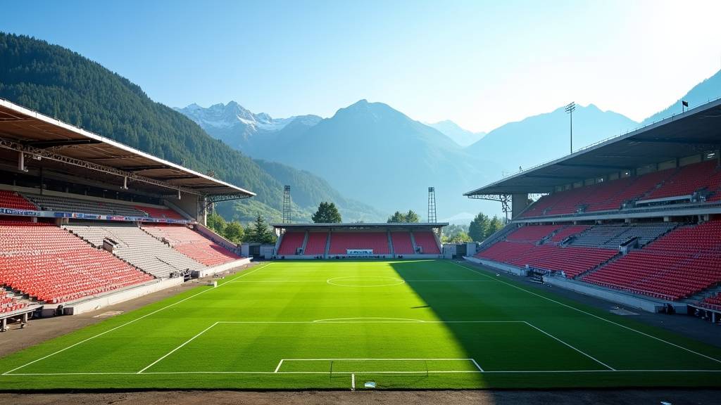 Vue aérienne du Parc des Sports d'Annecy avec les montagnes en arrière-plan