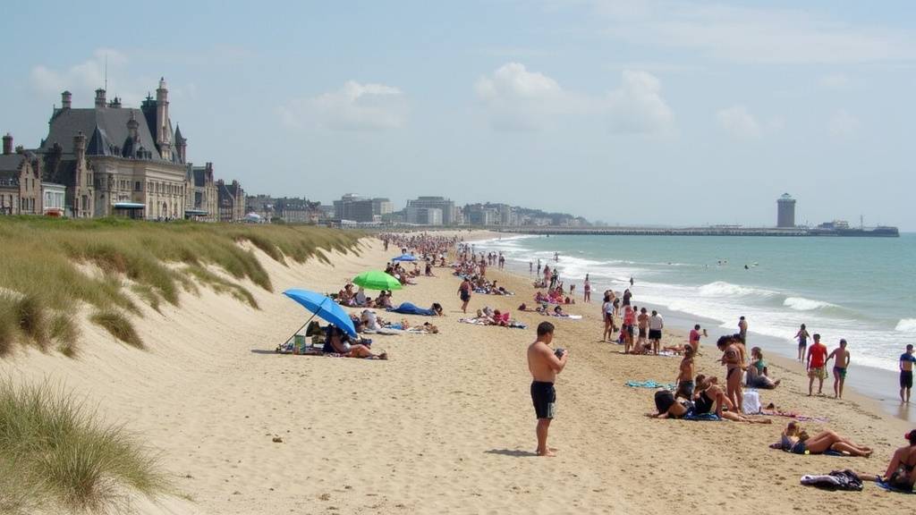 Plage de Boulogne-sur-Mer en été avec baigneurs